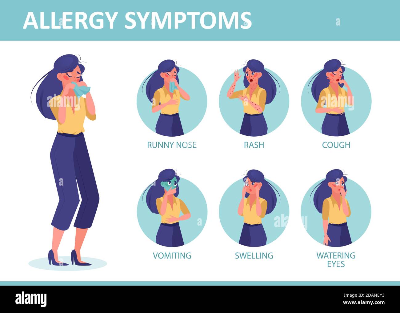 Allergy symptoms infographic. Vector of a woman with allergy symptoms Stock Vector