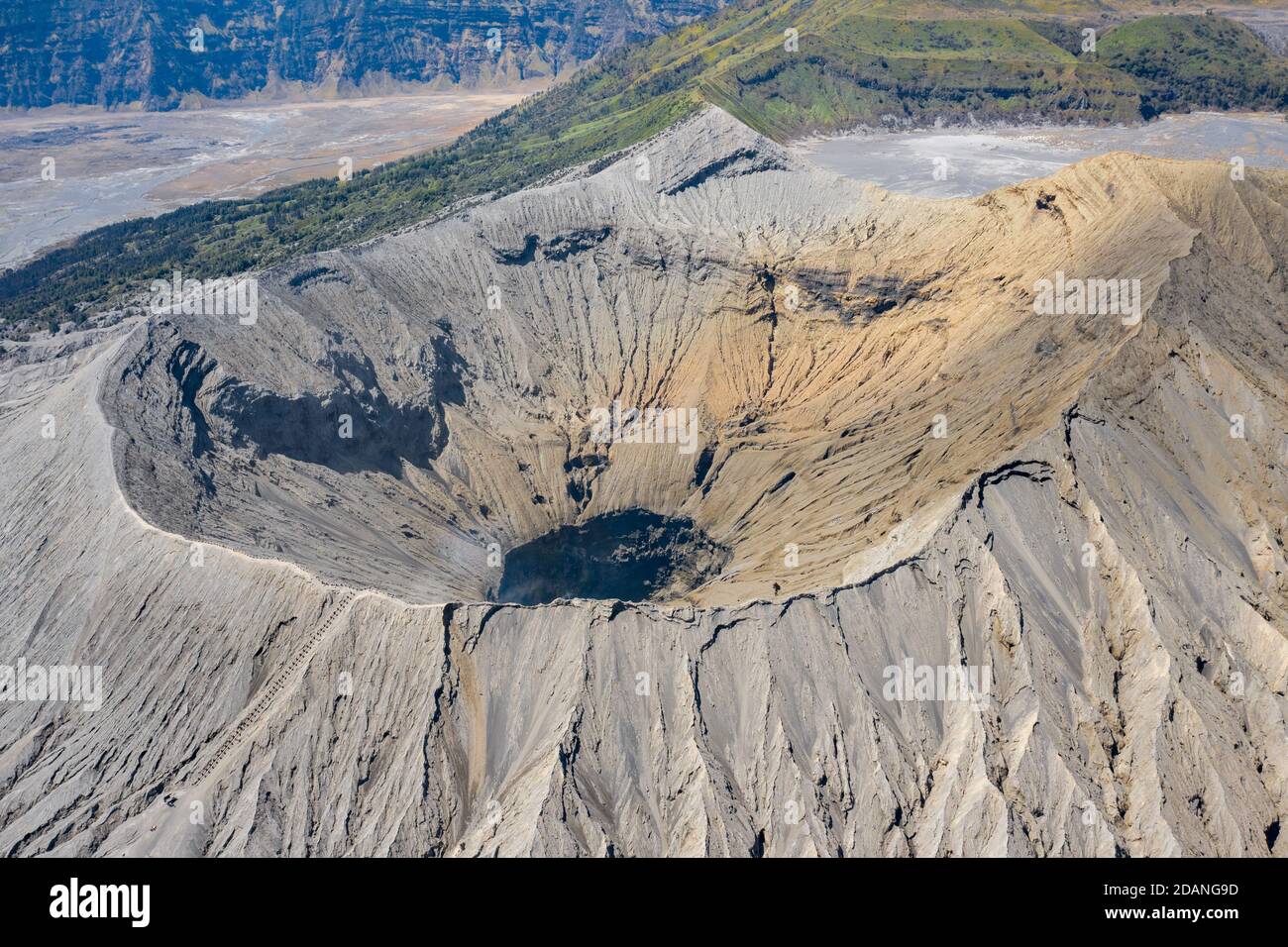 aerial view into the crater of an active vulcano Stock Photo