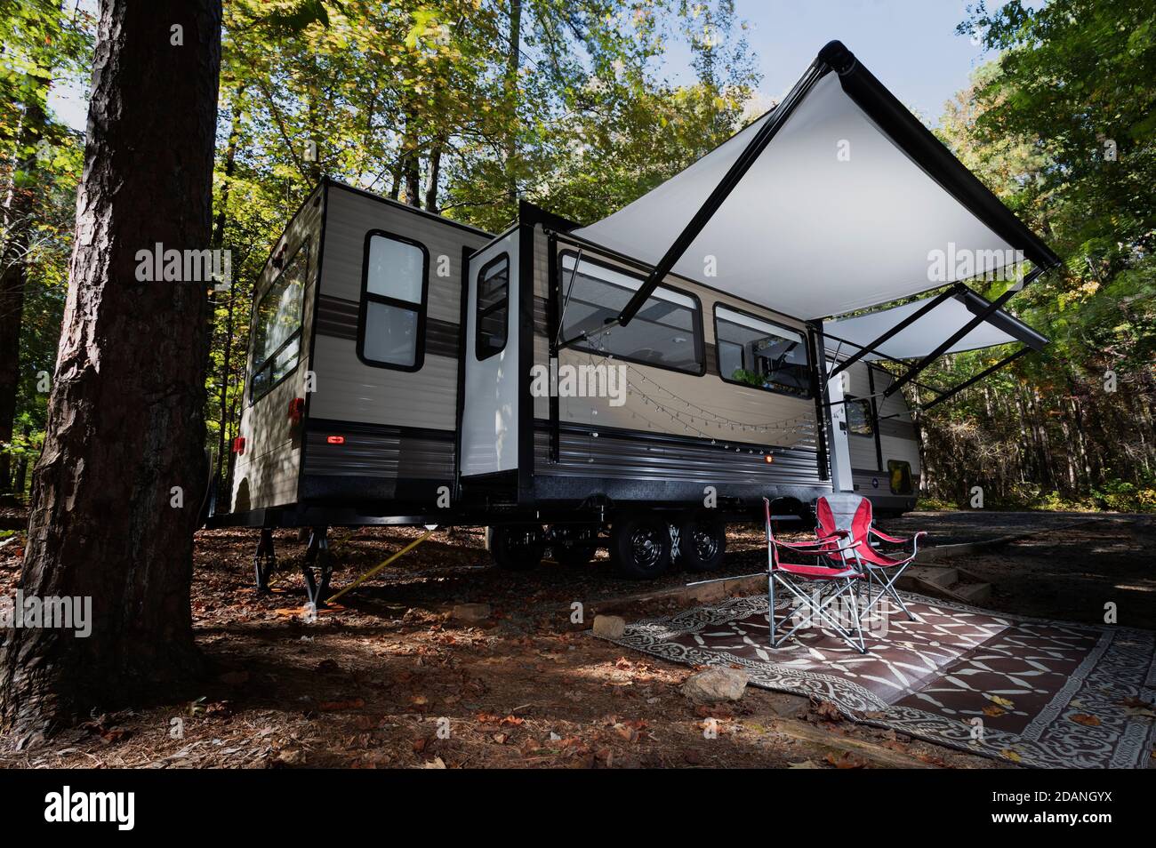 Pair of empty chairs at a travel trailer camping at Falls Lake NC Stock