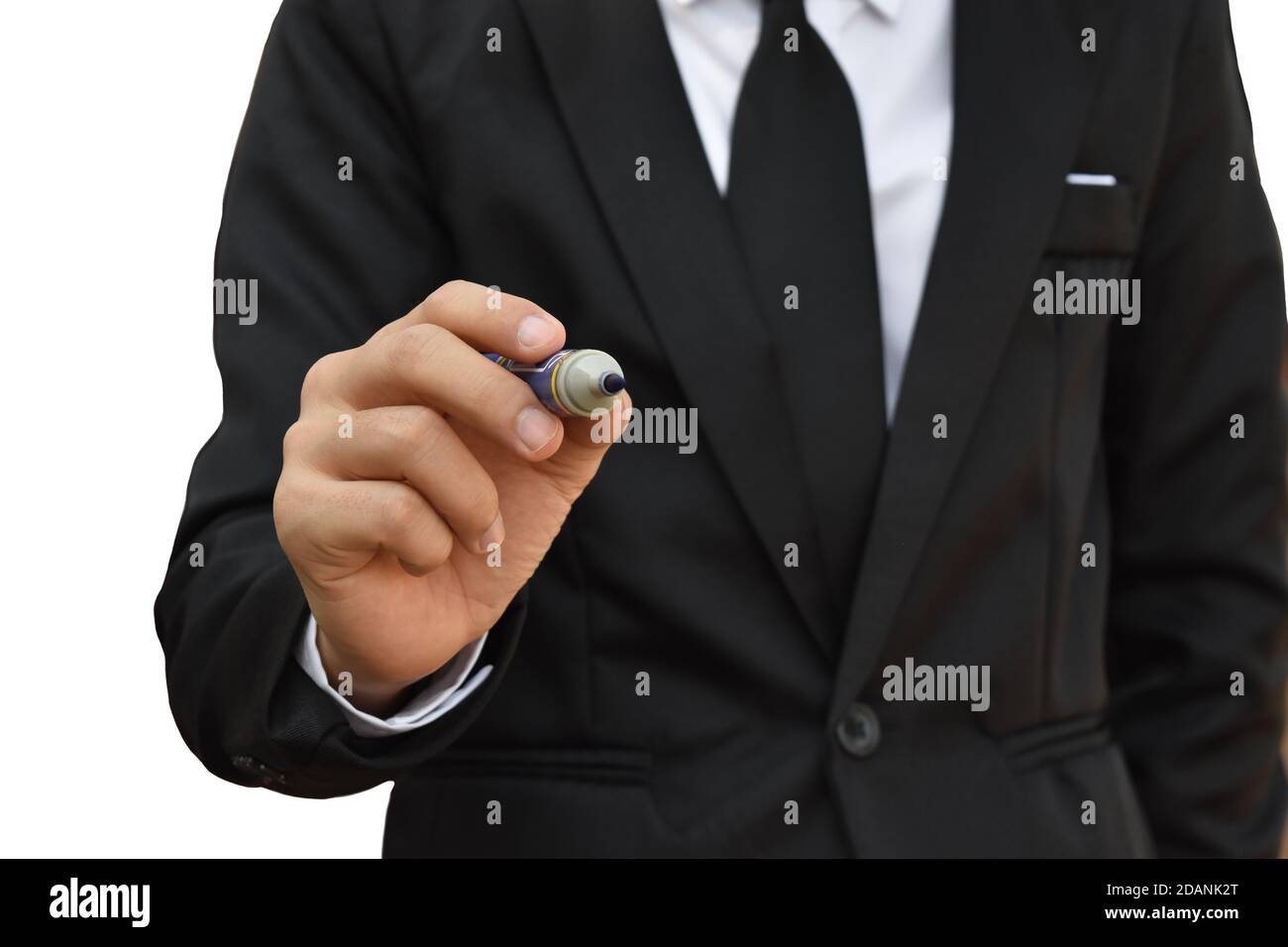 Businessman writing on virtual screen isolated on white background. Stock Photo