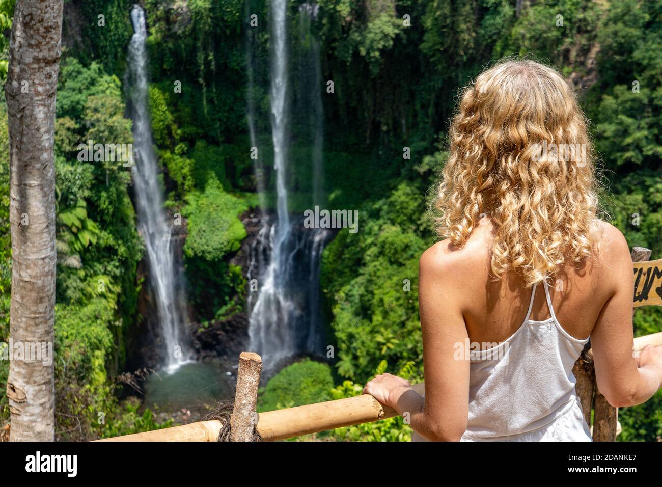 girl looking on high waterfall in jungle on bali Stock Photo - Alamy