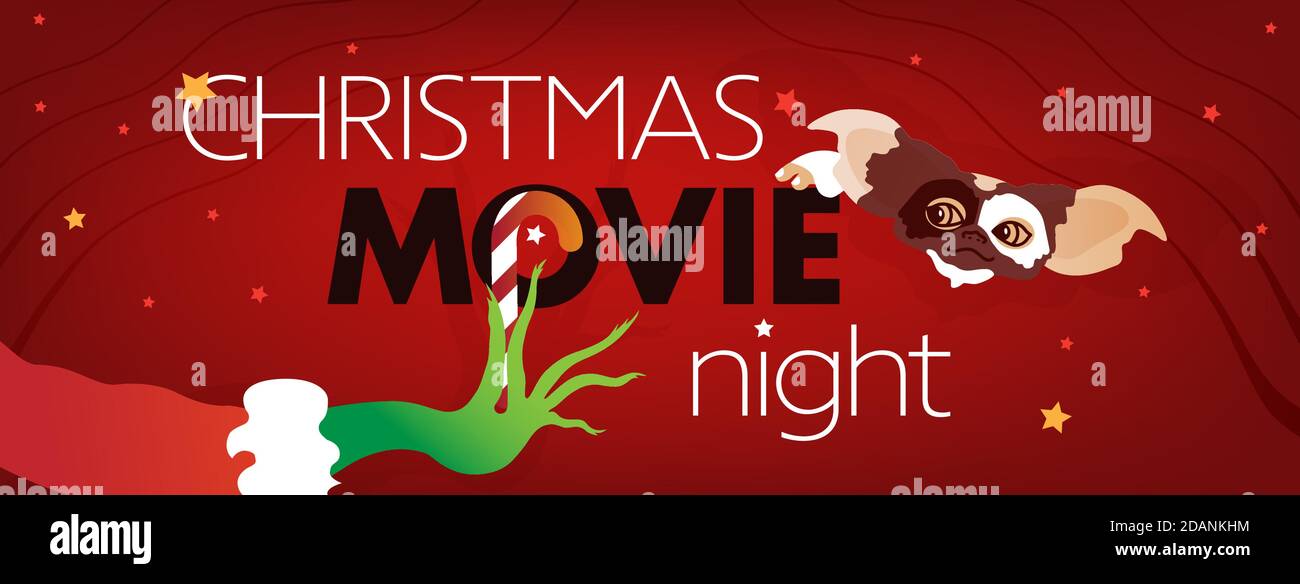 Christmas Movie night Facebook Cover, Grinch hand, Gizmo Gremlins head on red background. Vector Illustration, web site flyer, invitation template for Stock Vector