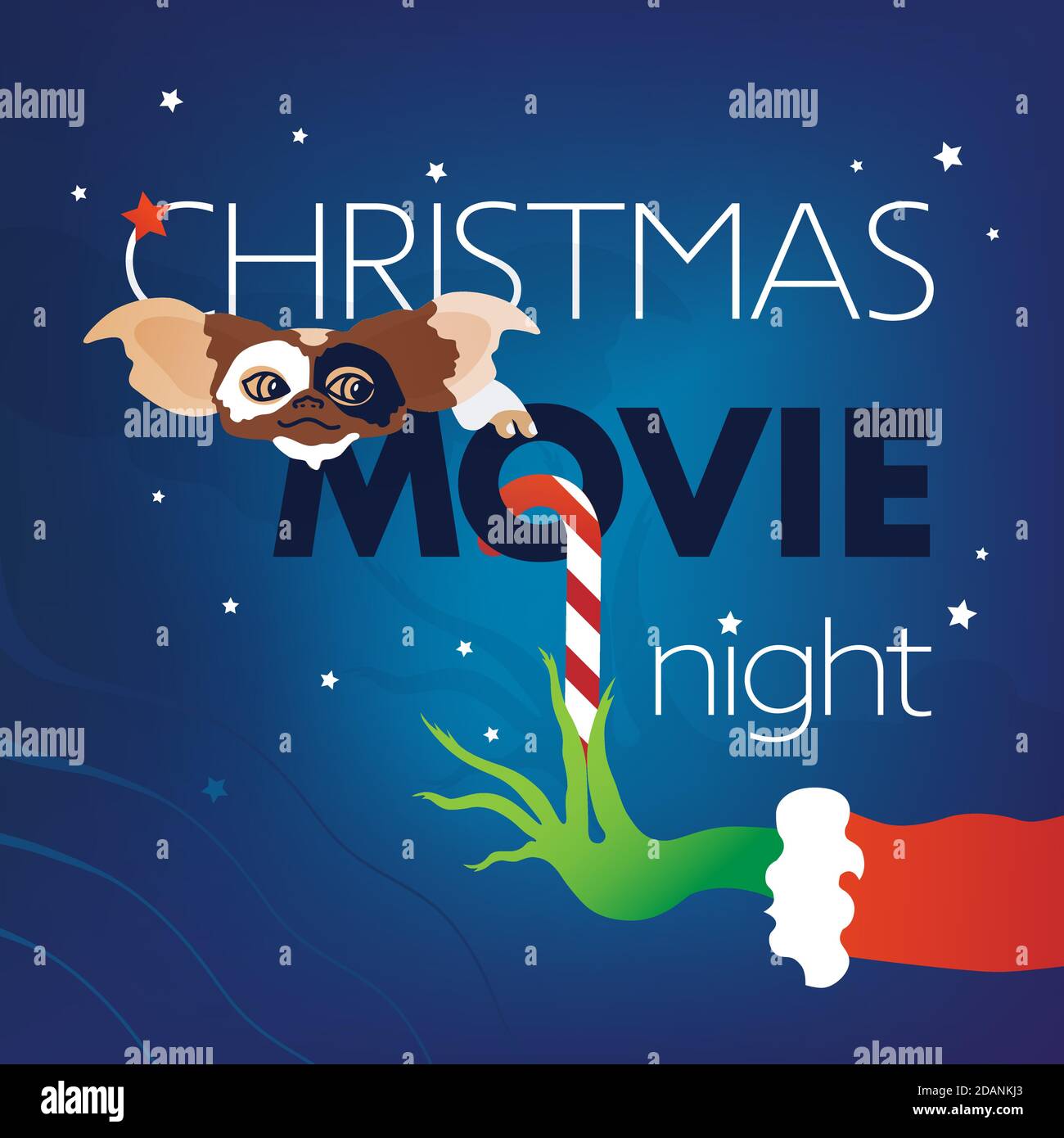 Christmas Movie Night, Gizmo, Gremlins head, Grinch green hand on blue background. Vector illustration, web site Cover, flyer, invitation template for Stock Vector