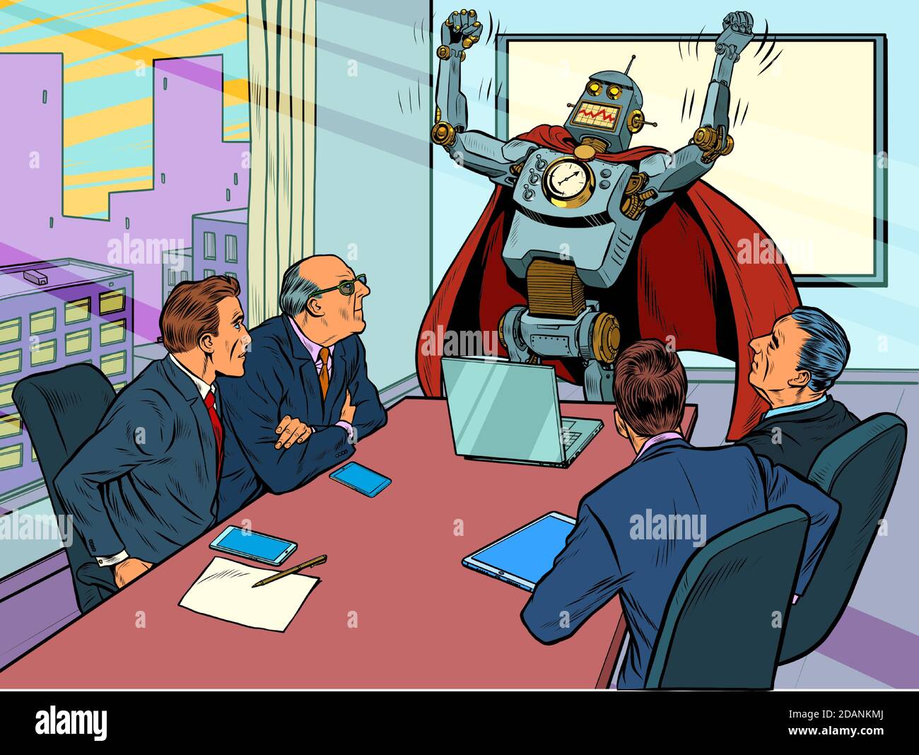 Robot superhero at a business meeting. The concept of evolution and technological development Stock Vector