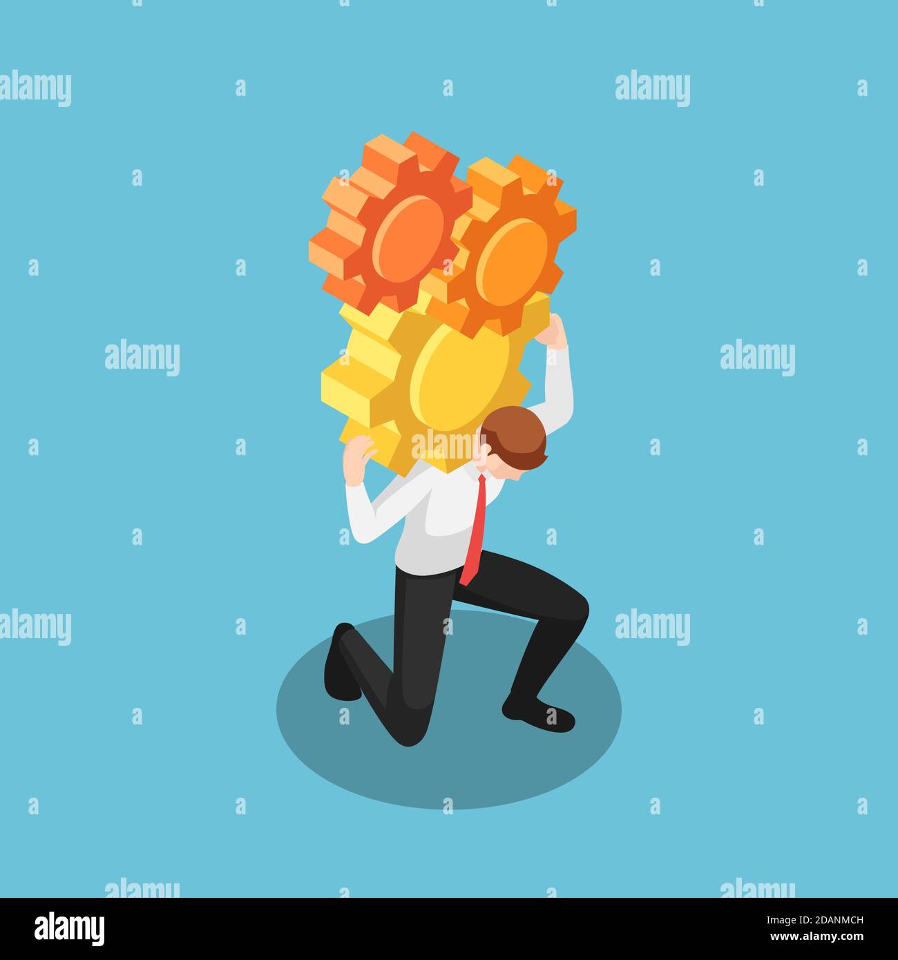 Flat 3d Isometric Businessman Carrying Huge Gears. Business Process and Development Concept. Stock Vector