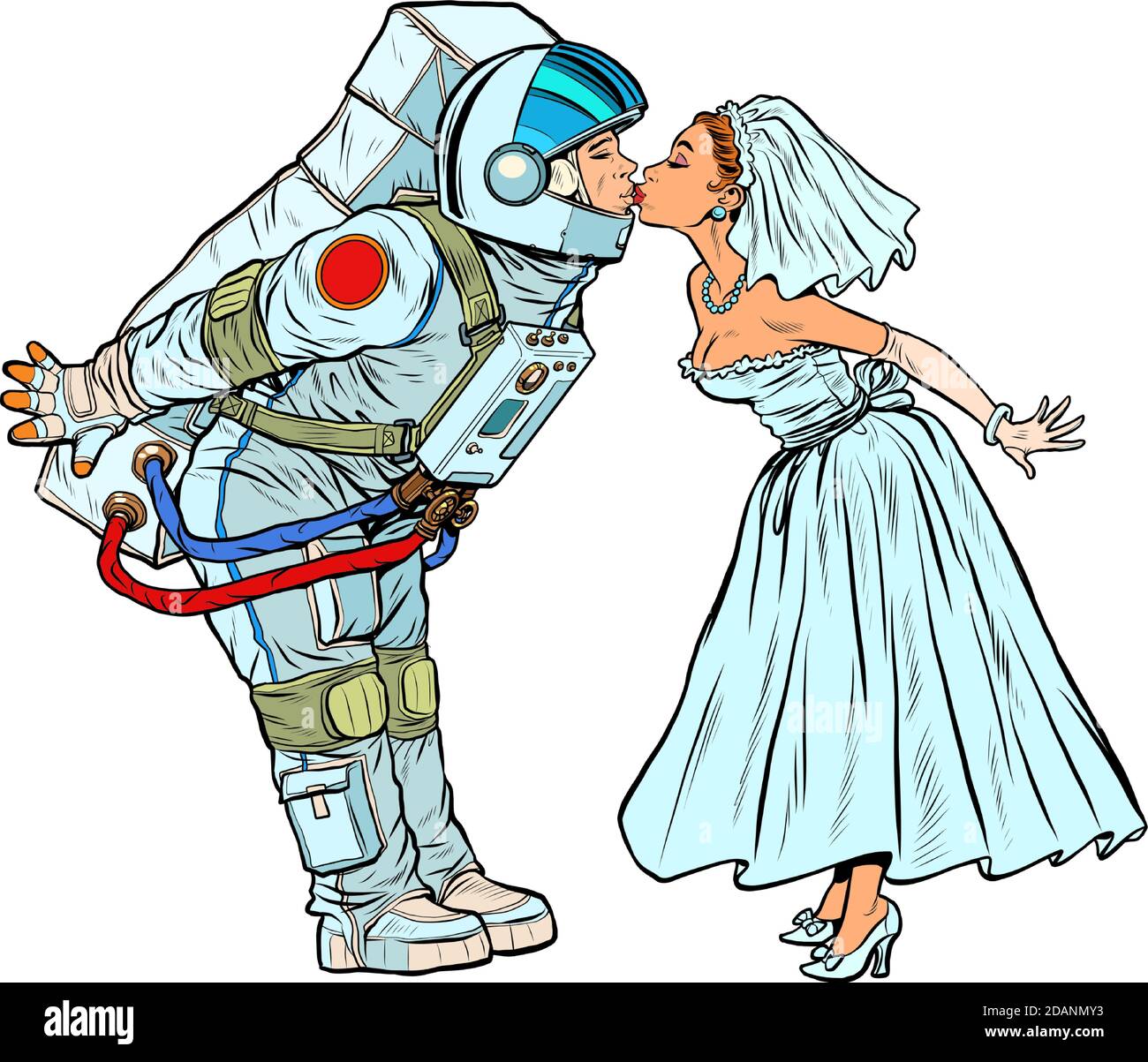 The astronaut groom and the bride kiss Stock Vector