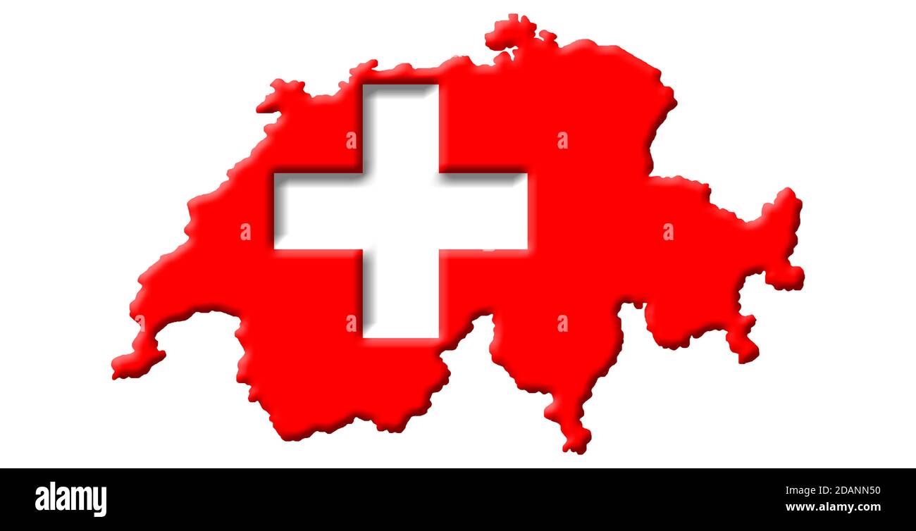 3D map of Switzerland with colours of the Swiss national flag Stock Photo