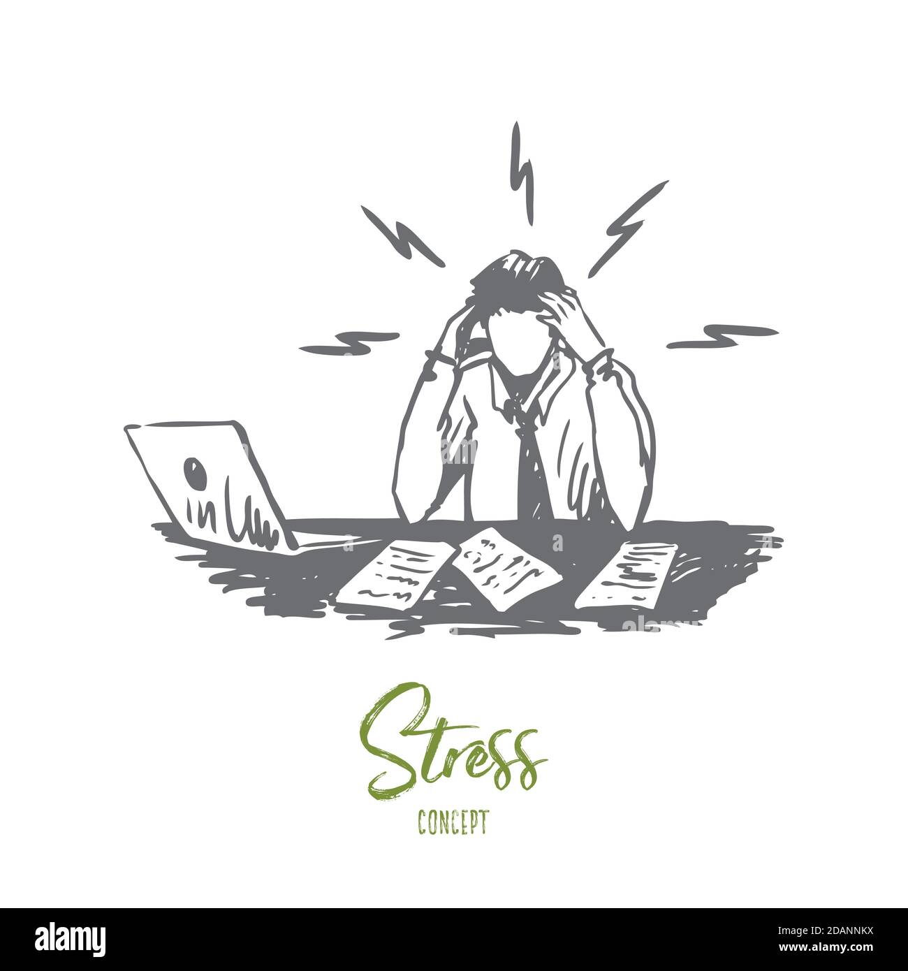 Businessman, work, stress, financial report concept. Hand drawn isolated vector. Stock Vector