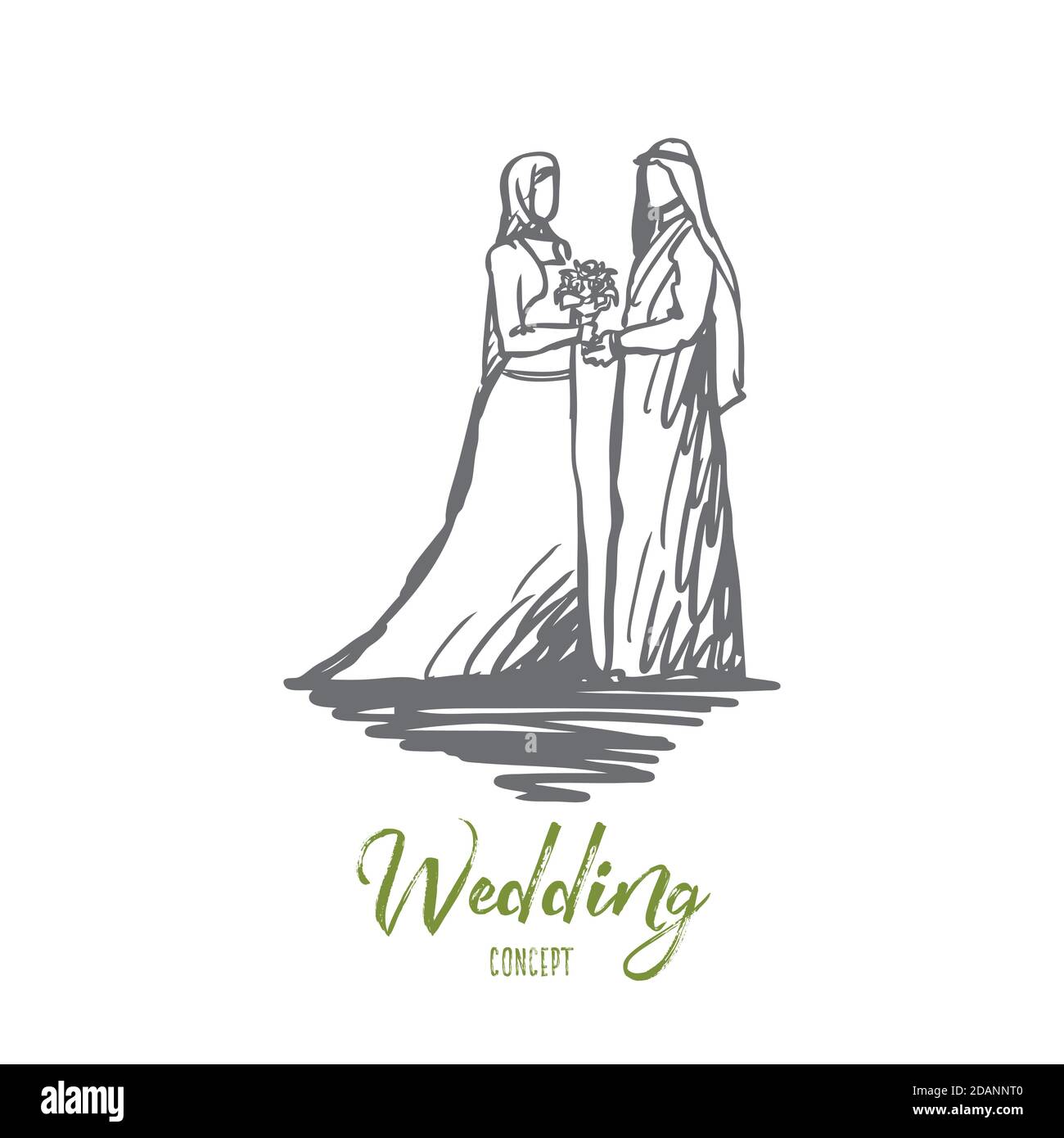 Wedding, bride, together, betrothal, islam concept. Hand drawn isolated vector. Stock Vector
