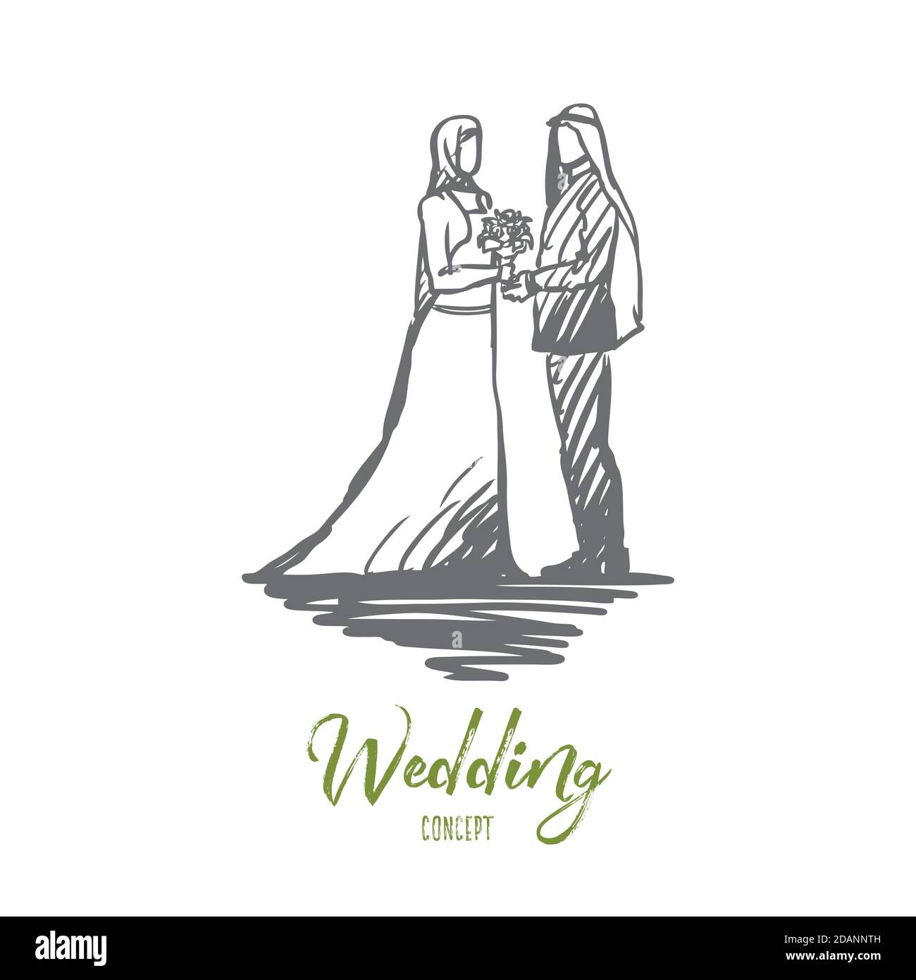 Wedding, groom, bride, couple, muslim concept. Hand drawn isolated vector Stock Vector