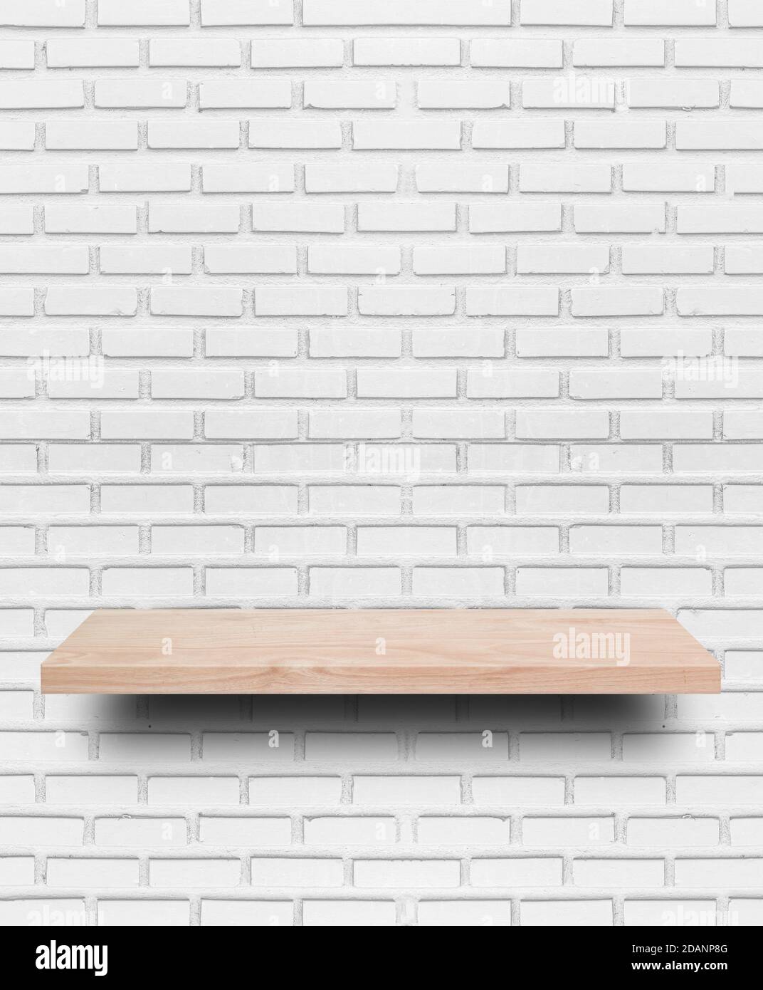 Empty wooden shelf on white brick wall background Stock Photo - Alamy