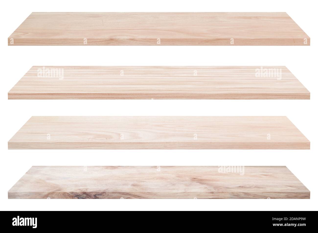 Collection of vintage wooden tabletop or wood shelf isolated on white background. Object with