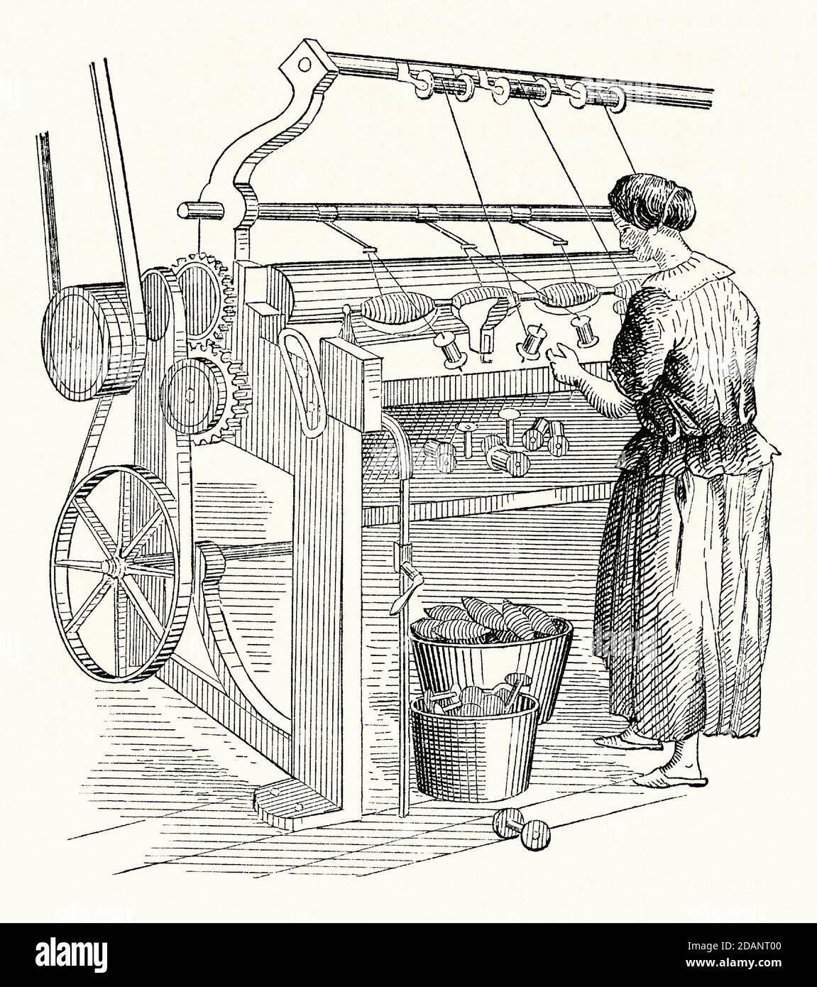 An old engraving of woman working at a yarn-gassing machine in a textile or cloth mill. It is from a Victorian mechanical engineering book of the 1880s. In textile manufacturing, gassing is the process of passing newly spun yarn quickly through a flame to remove the loose fibre ends. Boxes of the thread on spindles are seen below the belt-operated machinery, along with the wooden yarn spools. Stock Photo