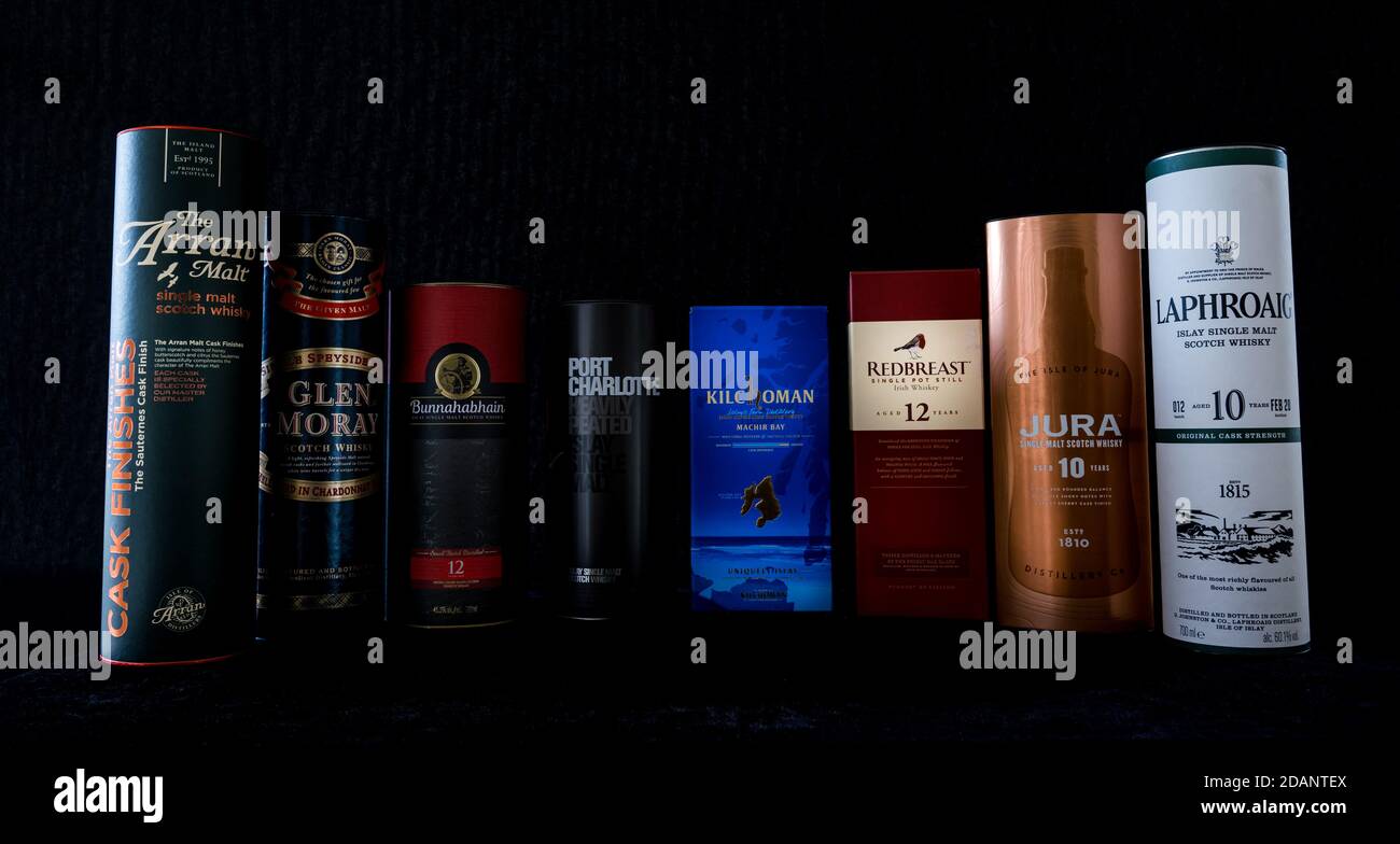 Scotch malt whisky and Irish whiskey brands: Arran Malt, Glen Moray, Bunnahabhain, Port Charlotte, Kilchoman, Redbreast, Jura & Laphroaig whiskys Stock Photo