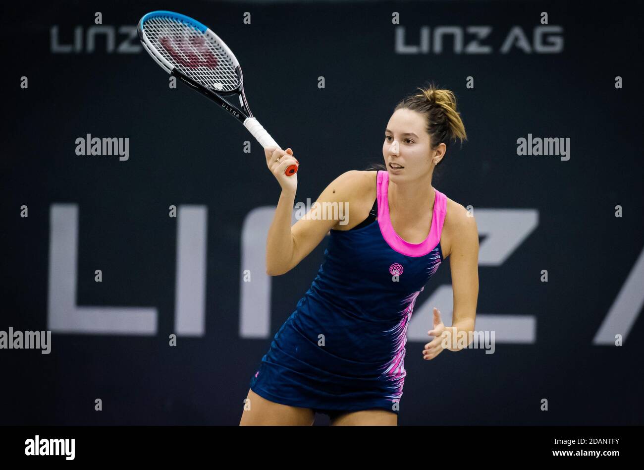 Oceane Dodin of France in action against Aryna Sabalenka of Belarus during the quarter-final at the 2020 Upper Austria Ladies Linz / LM Stock Photo
