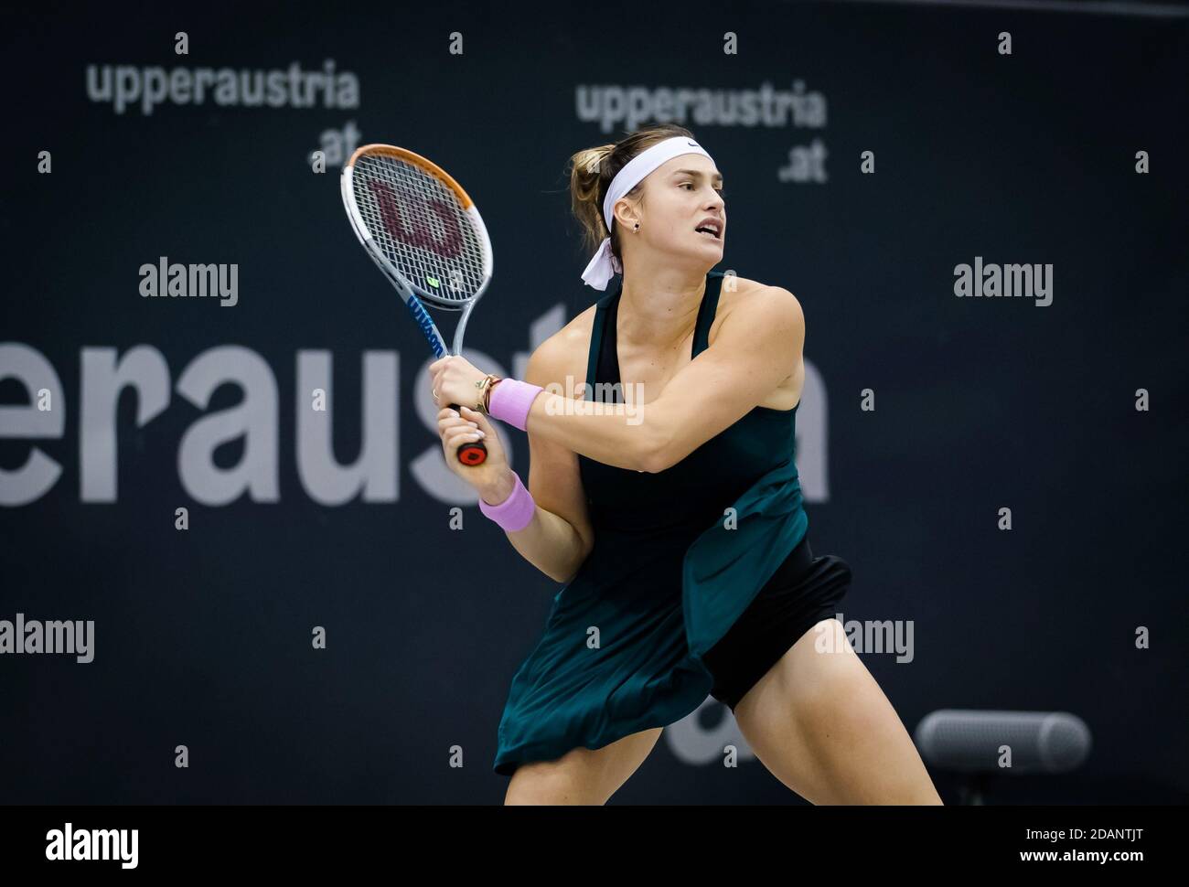 Aryna Sabalenka of Belarus in action against Oceane Dodin of France during the quarter-final at the 2020 Upper Austria Ladies Linz / LM Stock Photo
