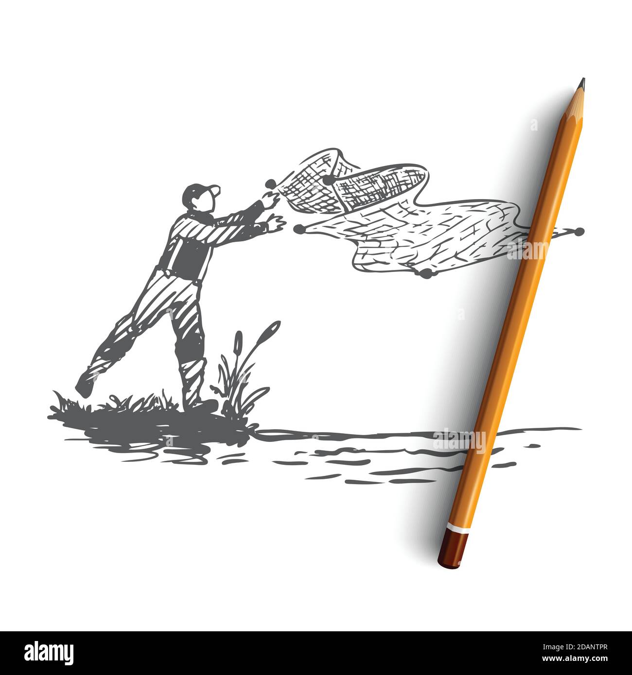 Man, fishing, net, river, nature concept. Hand drawn isolated vector. Stock Vector