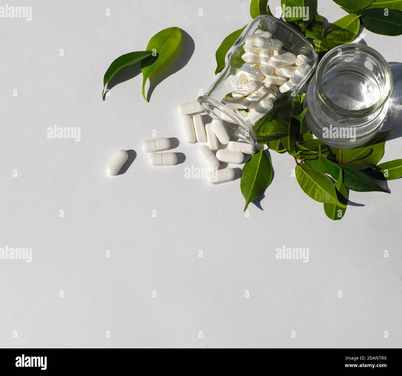 The capsules are poured out of a glass jar and a glass of clean water. Nearby are green leaves. Regular intake of trace elements, minerals, nutrients Stock Photo