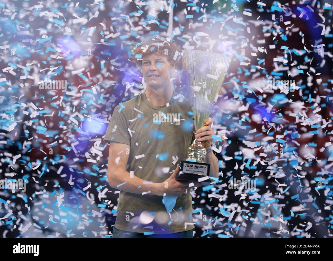 Tennis - ATP 250 - Sofia Open - Arena Armeec Sofia, Sofia, Bulgaria - November 14, 2020 Italy's Jannik Sinner celebrates with a trophy after winning the final REUTERS/Stoyan Nenov Stock Photo
