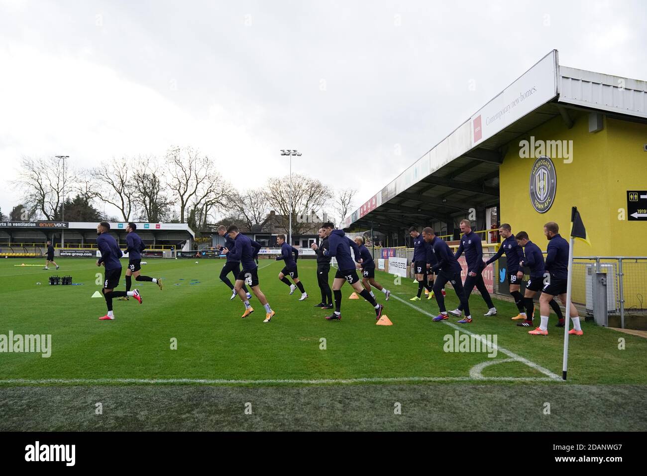 A general view inside the ground as the players warm up before the Sky Bet League Two match at the EnviroVent Stadium, Harrogate. Stock Photo