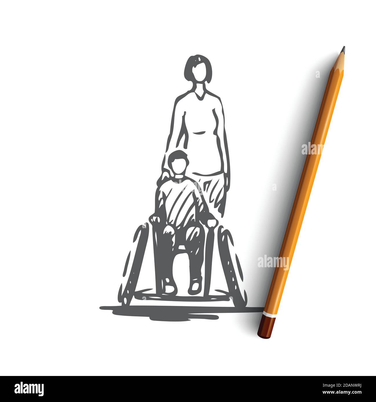 Child, disabled, wheelchair, health, medical concept. Hand drawn isolated vector. Stock Vector