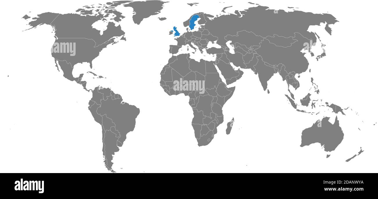 United kingdom, Sweden countries isolated on world map. Light gray