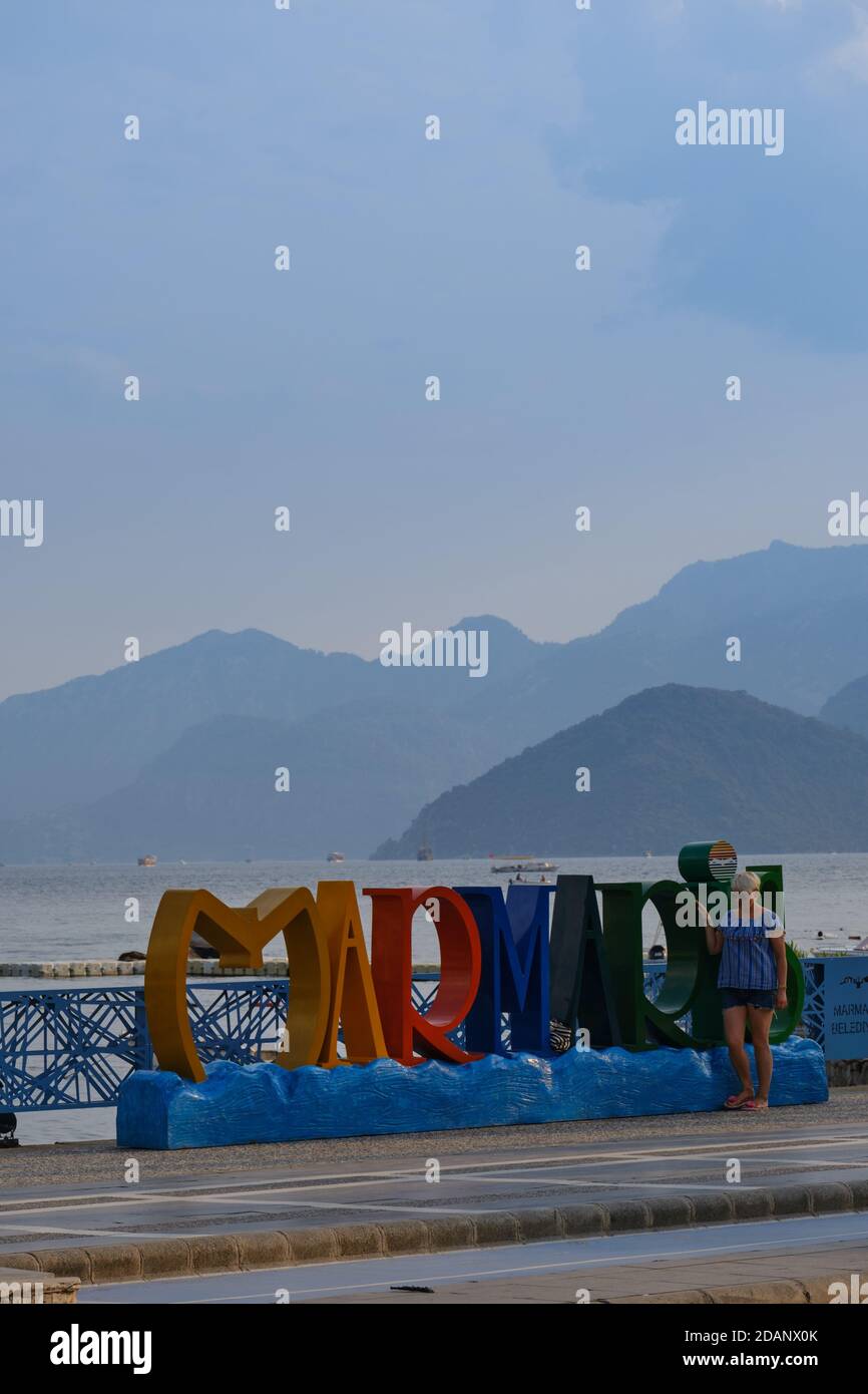 Marmaris sign with colored letters near promenade in Marmaris, Turkey Stock Photo