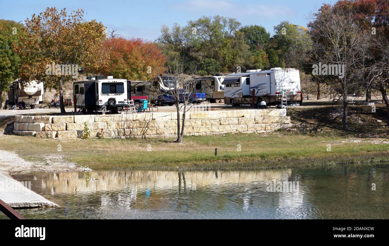 Kerrville,Texas -  Nov.12,2020   RV Campsite on the Guadalupe River in Texas. Stock Photo