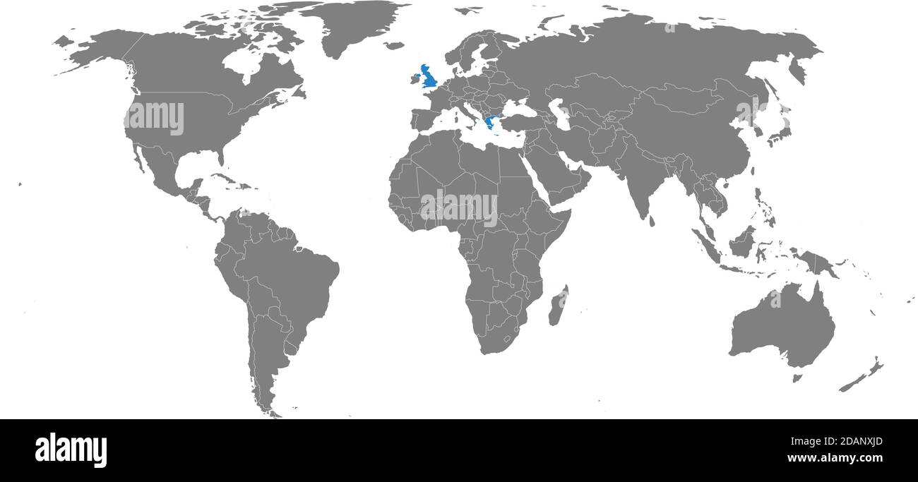 Greece, United kingdom countries isolated on world map. Light gray ...