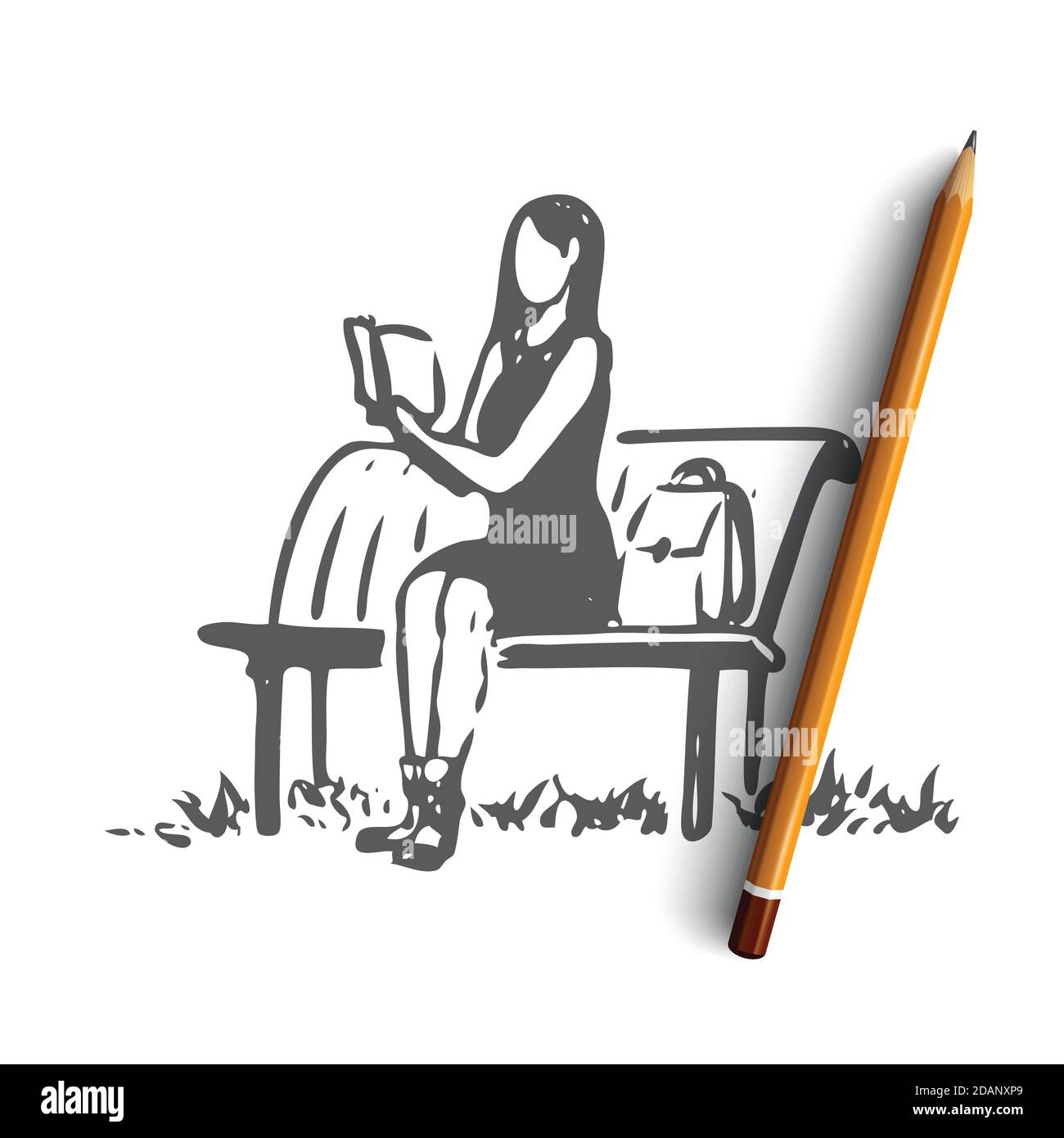 Student, girl, book, reading, bench concept. Hand drawn isolated vector ...