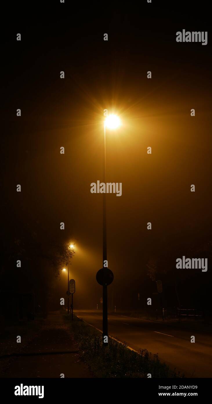 Lonely road in a foggy night with street lights glowing during the corona pandemic Stock Photo