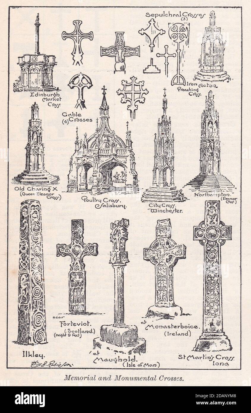 Memorial and Monumental Crosses - 1900s Illustrations. Stock Photo
