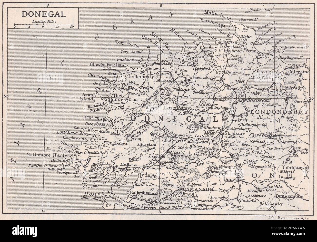 Vintage map of Donegal 1900s. Stock Photo