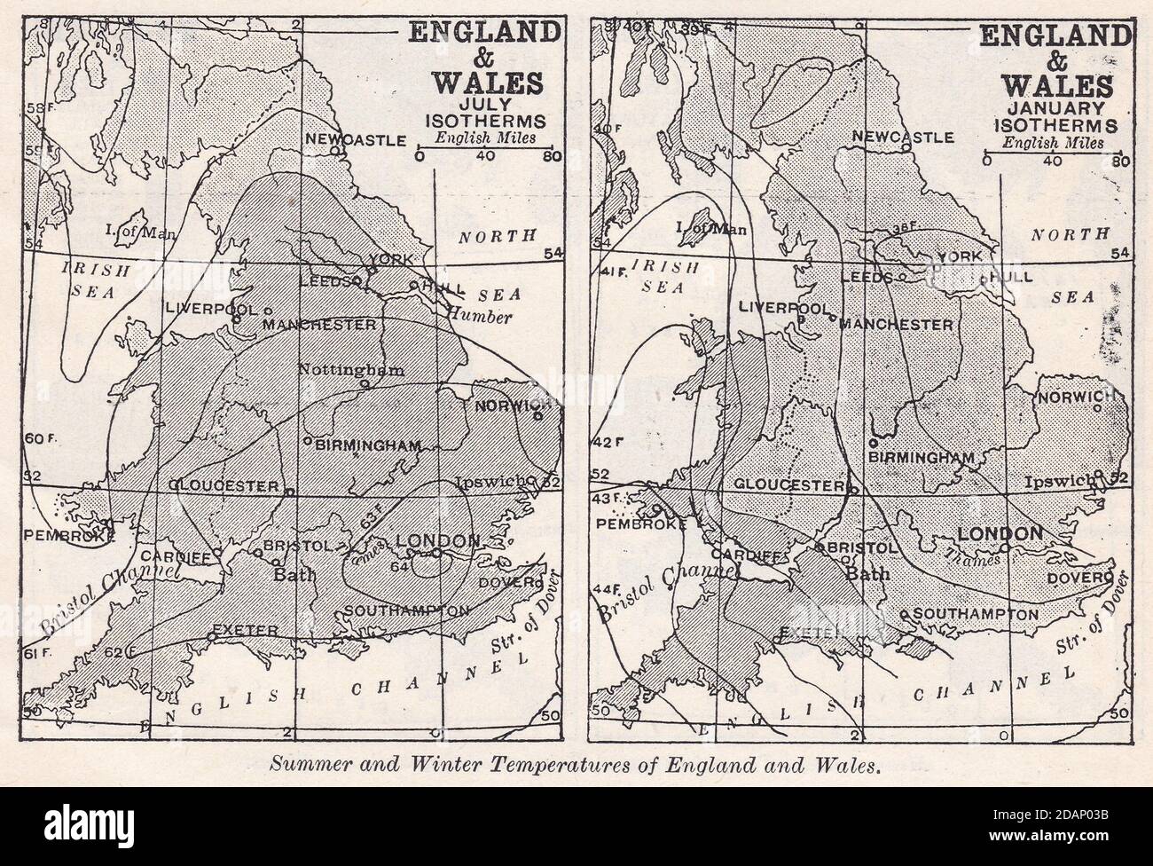 Vintage map of Summer and Winter Temperatures of England and Wales