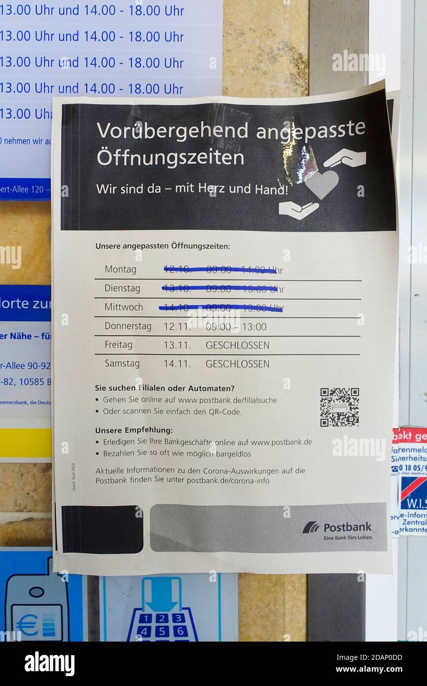 Opening times Postbank, mostly closed, Berlin Stock Photo