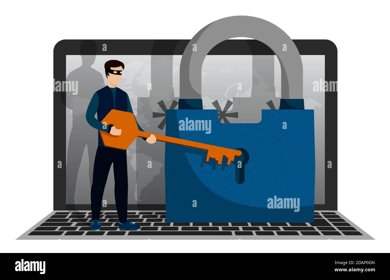 criminal, thief trying to open lock of locked computer with key