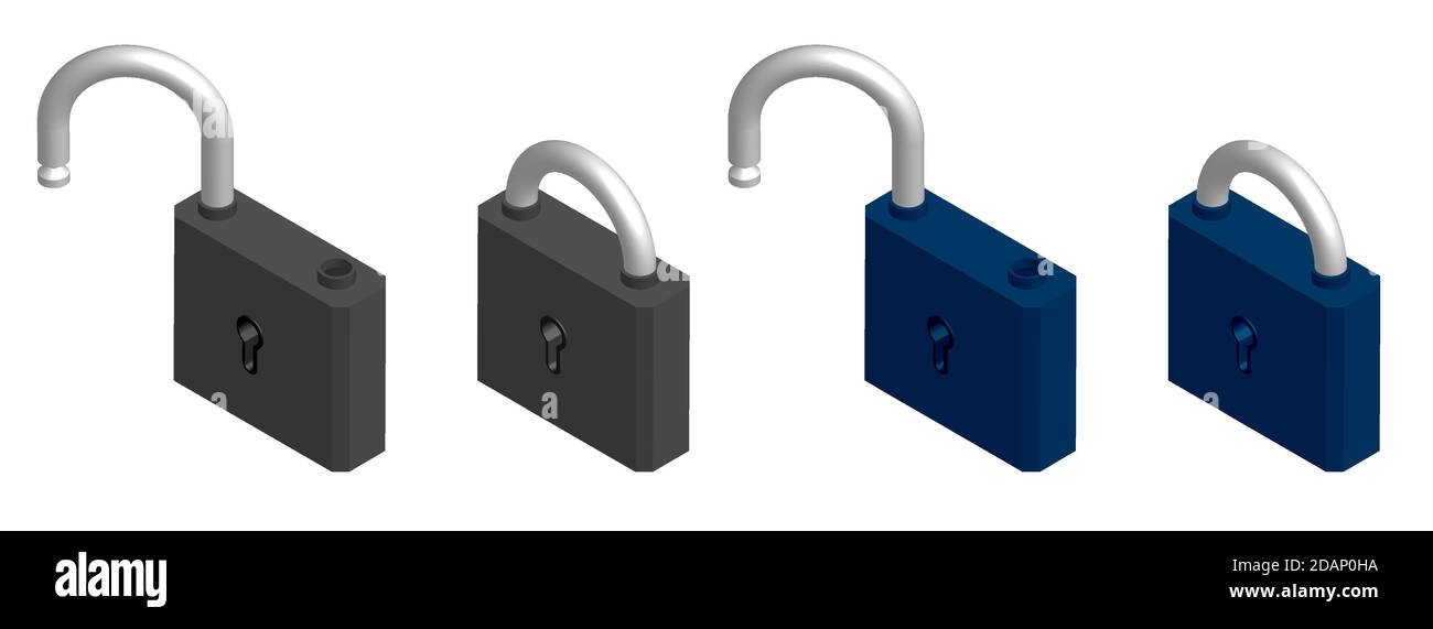 3d open and closed locks on white background. Change color through ...
