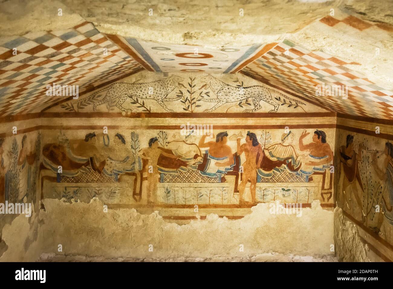 Tarquinia, Italy - 18 september 2020: Tomb of leopards, one of the tombs of the Etruscan necropolis of Tarquinia Stock Photo