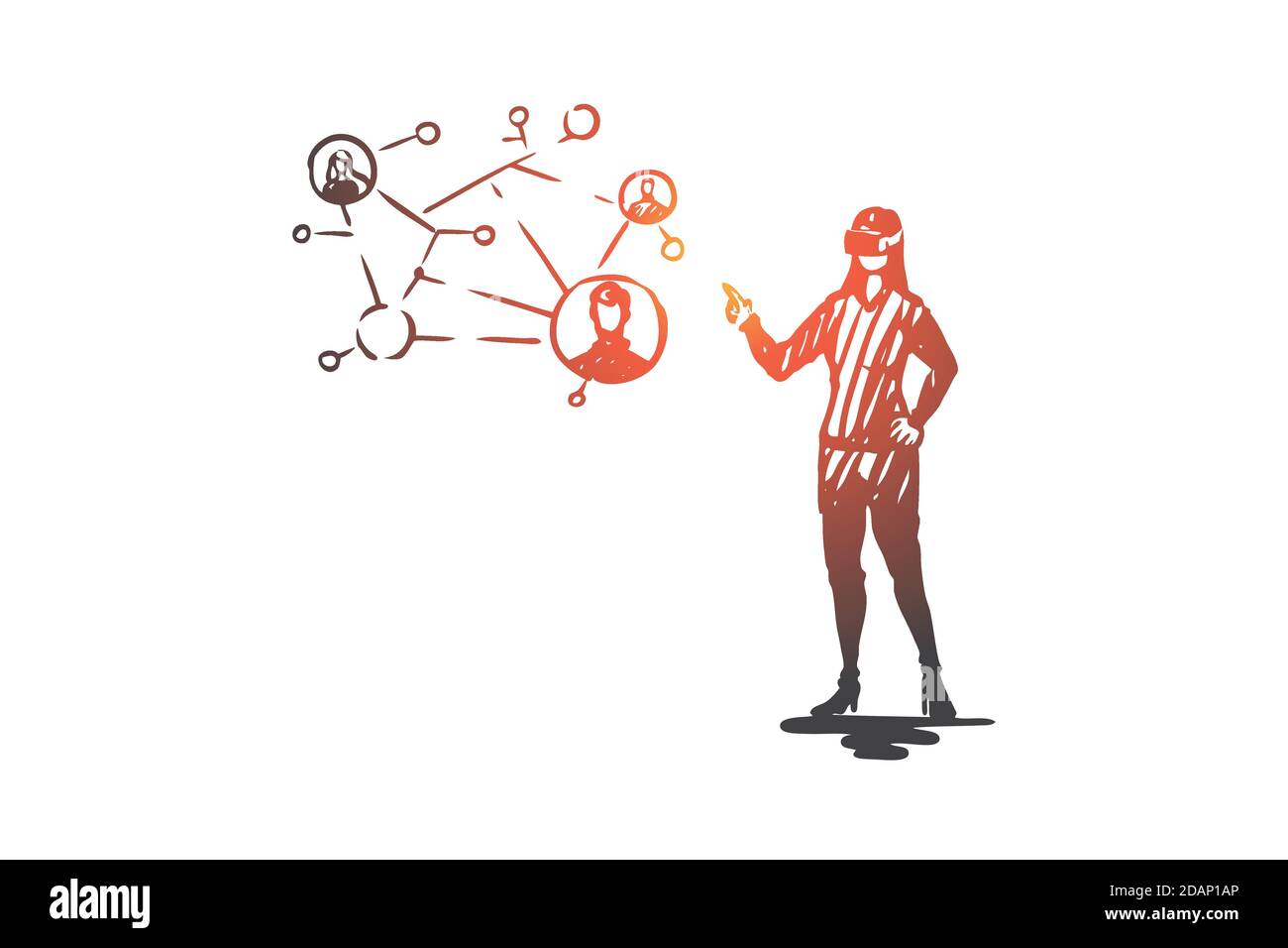 Virtual, reality, communication, technology, woman concept. Hand drawn