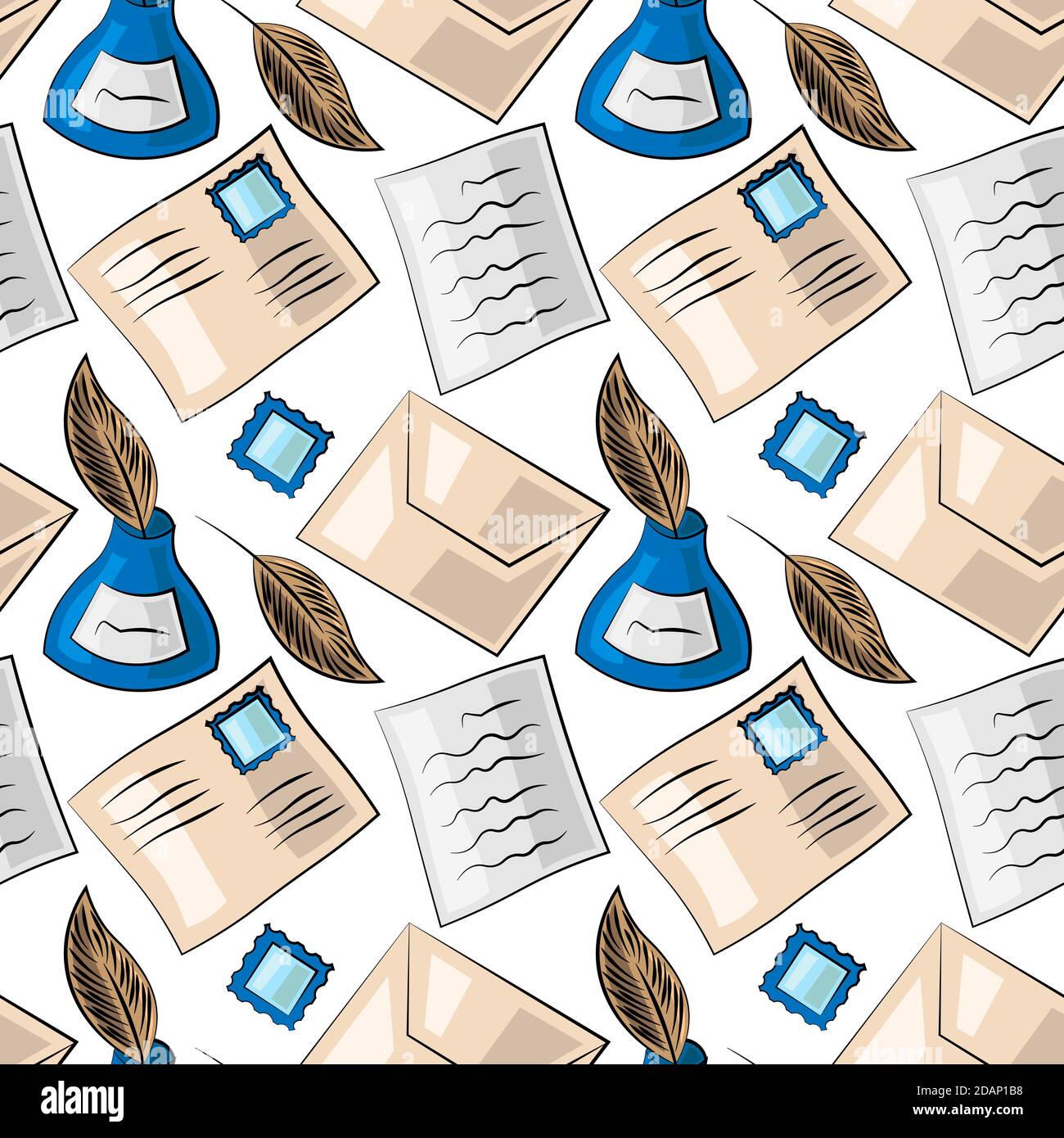 Seamless vector pattern with envelopes, inkwells, letters and pens Stock Vector