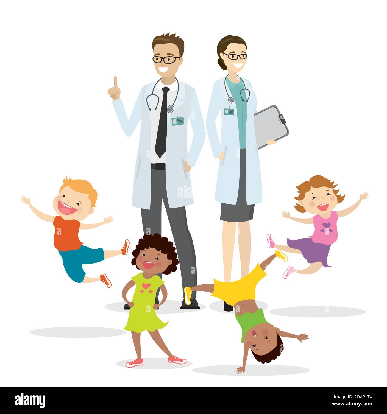 Couple of doctors and happy active kids,Children Health concept, Stock Vector