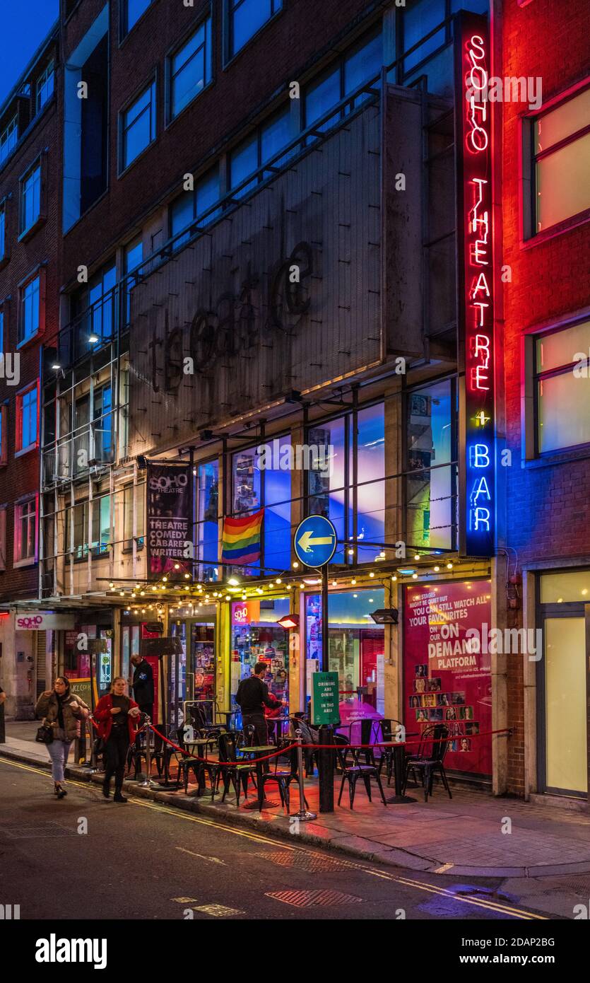 Soho Theatre and Soho Theatre Bar on Dean St, Soho, London. Founded in 1969 it moved to Dean St in 2000. Soho Nightlife. Stock Photo