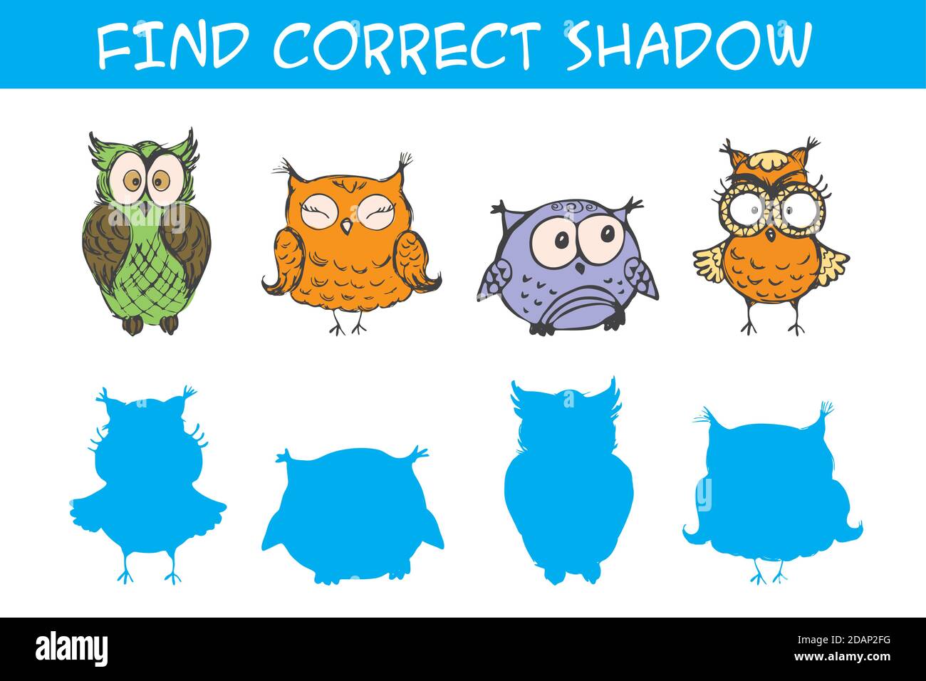 Kids game with owls,find correct shadows,template page Stock Vector ...