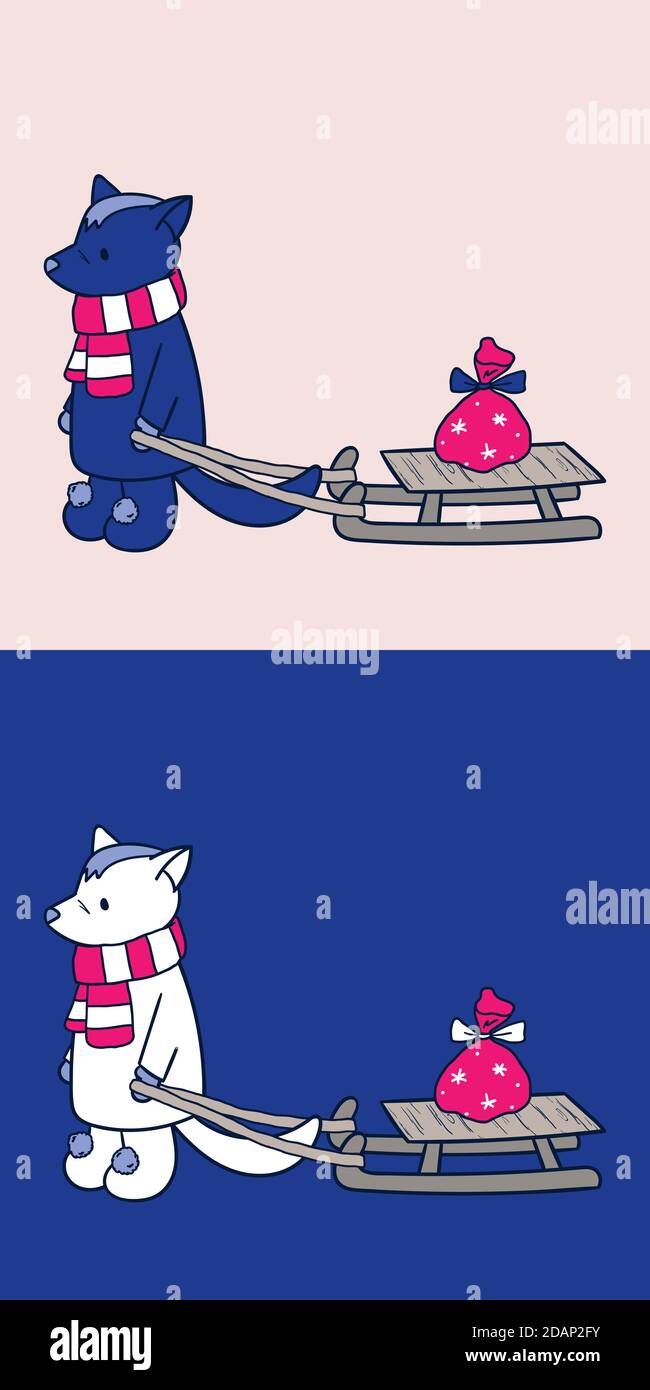 Wolf pulling a sled with a Christmas gift bag, wearing a scarf and boots. Cute cartoon husky dog sledding. Colorized hand drawn vector illustration Stock Vector