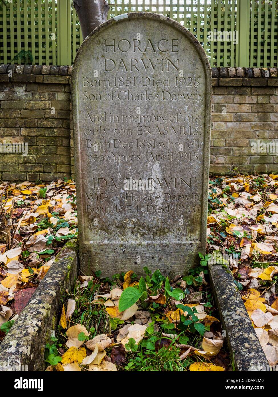 Gravestone of Horace Darwin, engineer & son of Charles Darwin, and Lady Ida Darwin, charity founder, at the Ascension Parish Burial Ground Cambridge. Stock Photo