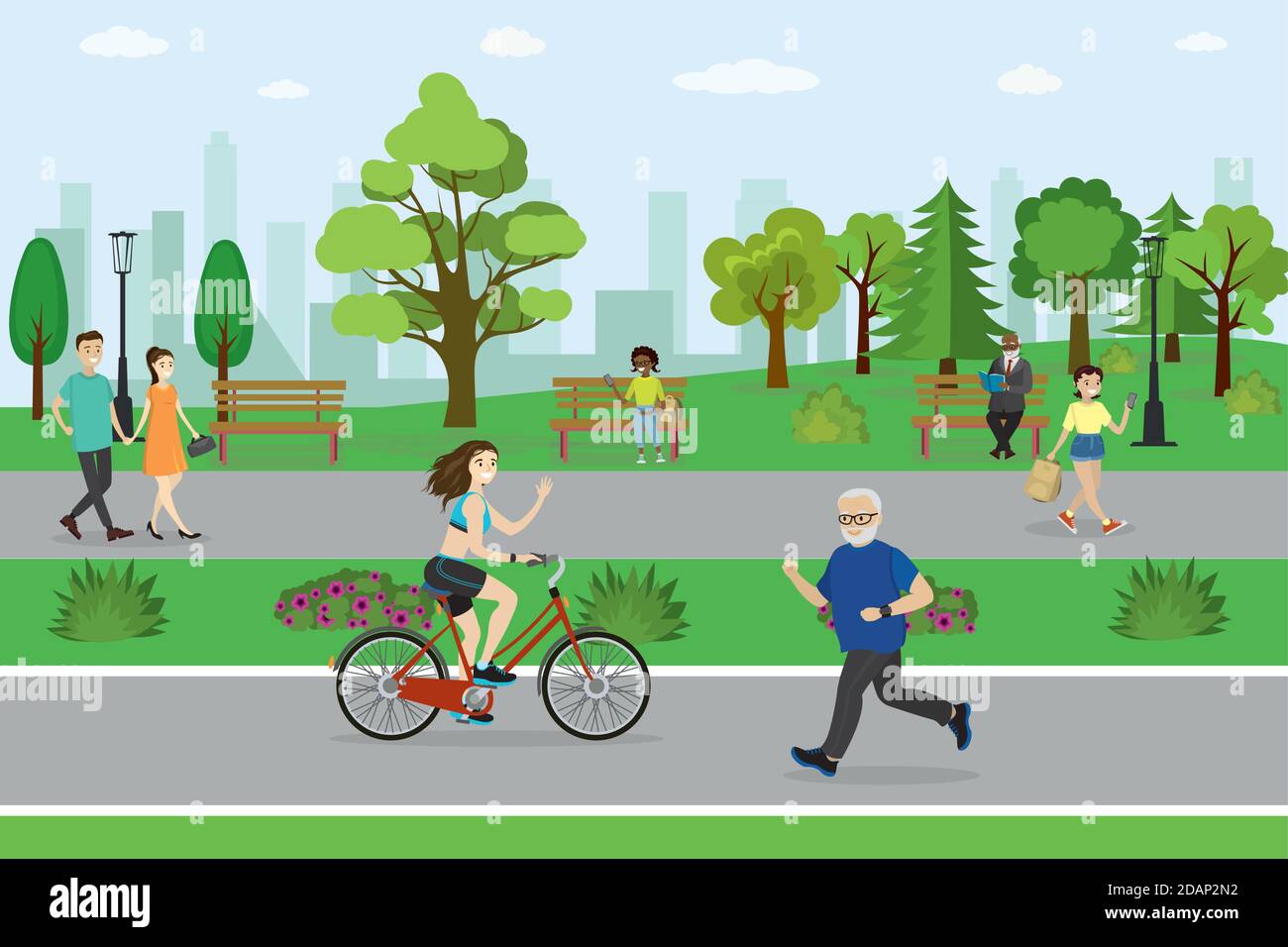People in the park,Cyclist and runner,fitness outdoor concept, Stock Vector