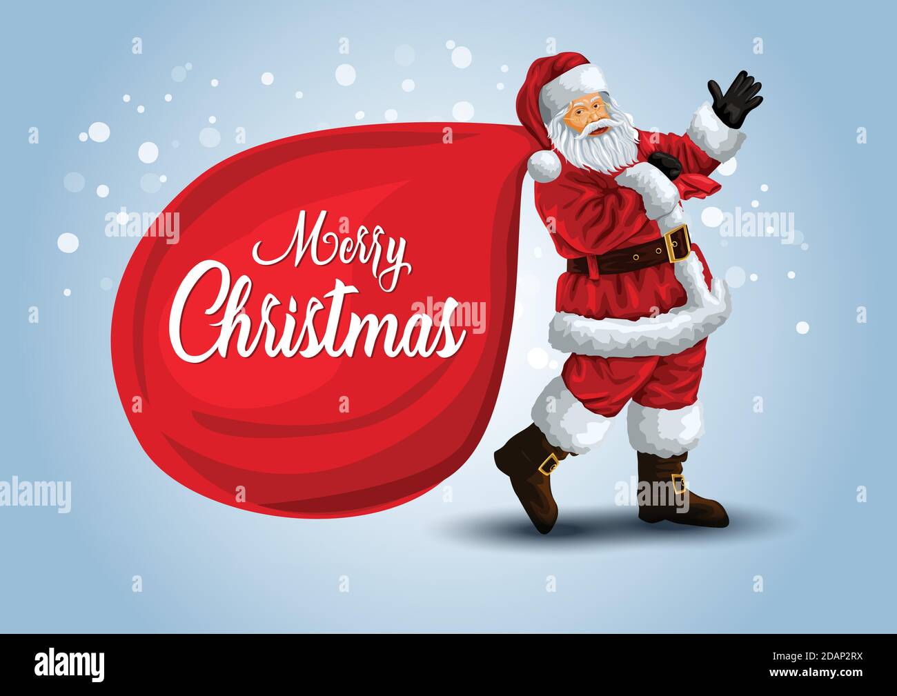 Merry Christmas poster. Santa Claus with big gift bag holding . Vector illustration. Stock Vector