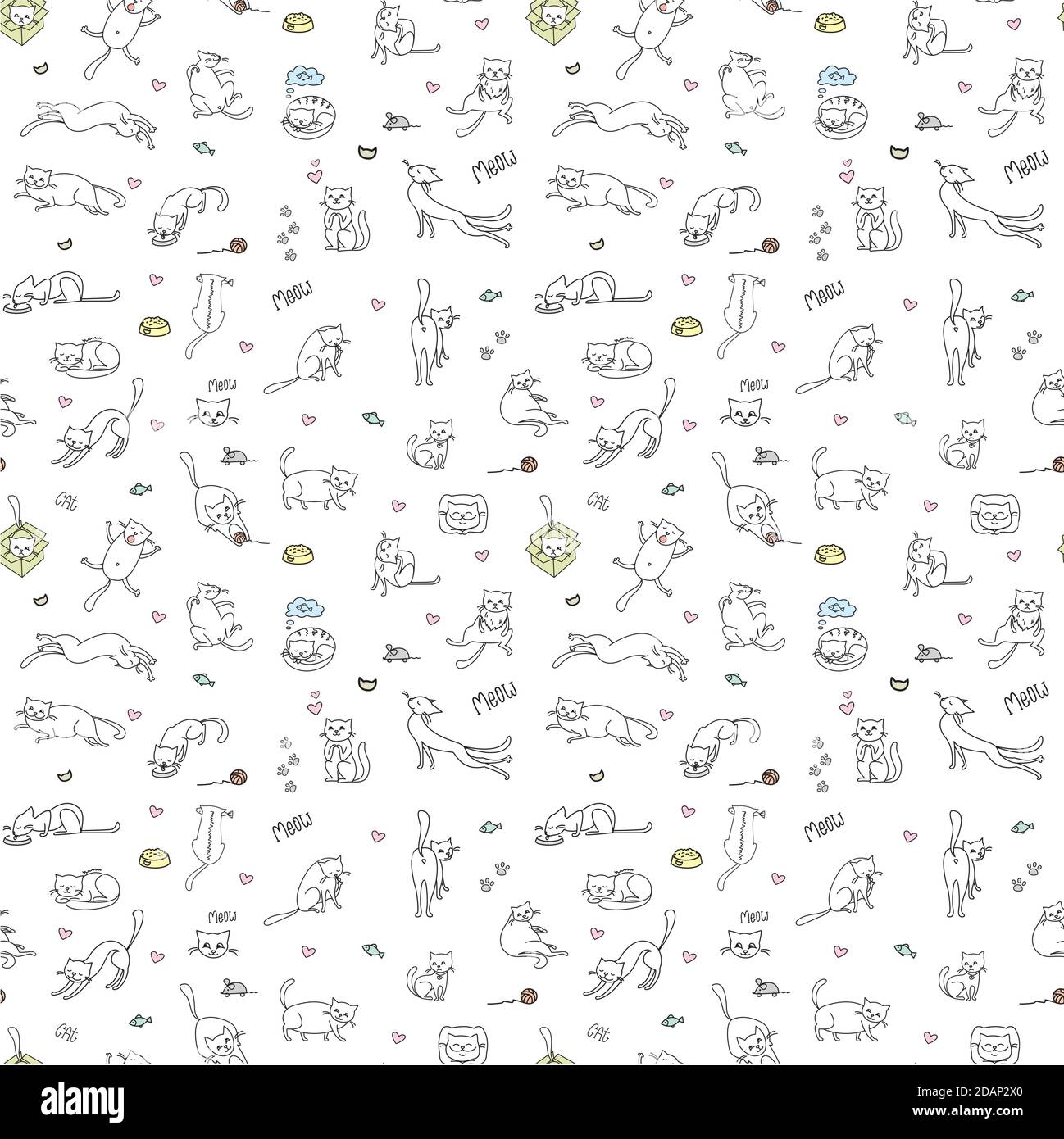 Funny cute cats seamless pattern,hand drawn background, Stock Vector