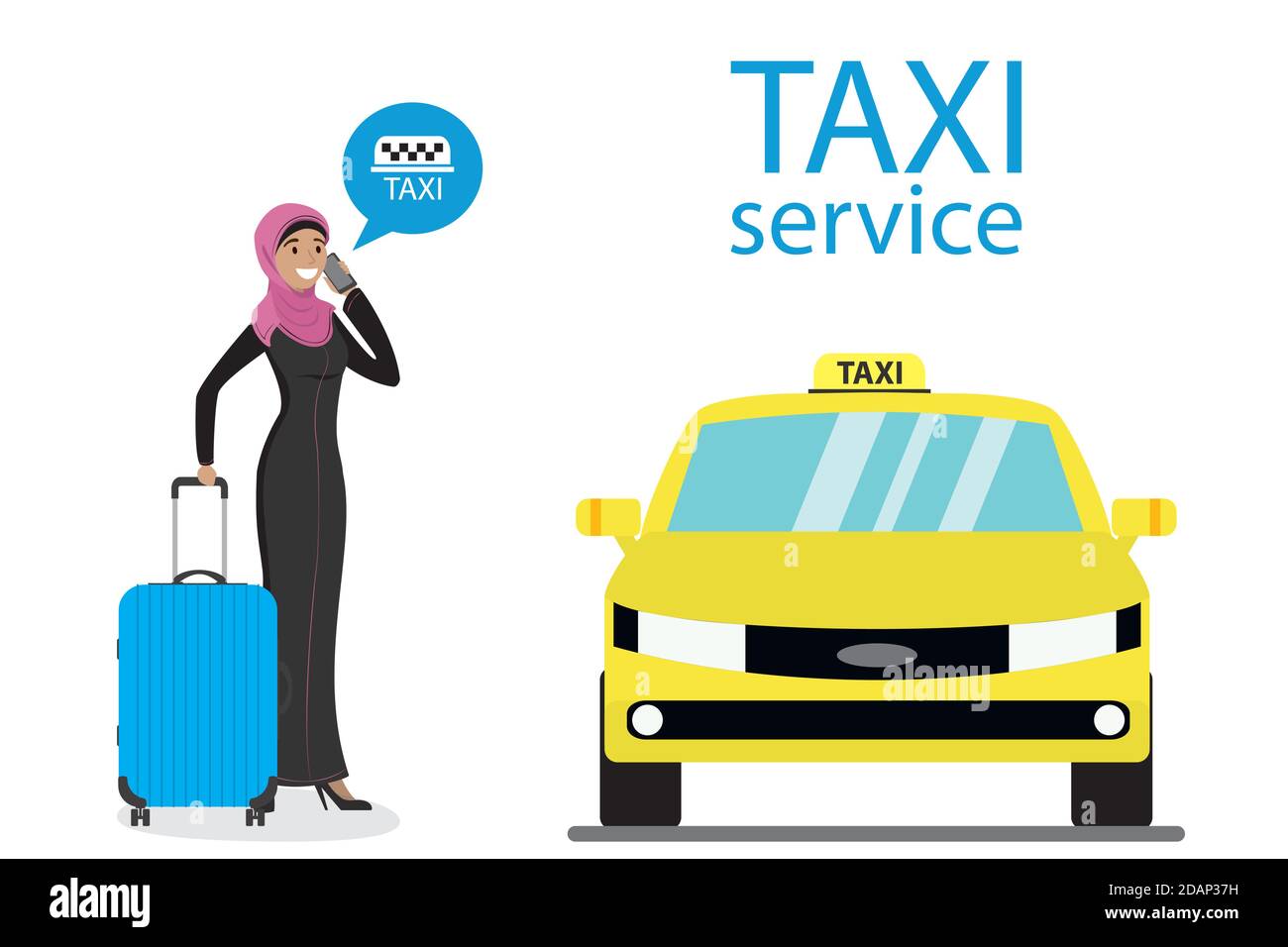 Muslim Female calls by the phone a taxi, yellow taxi car, Stock Vector