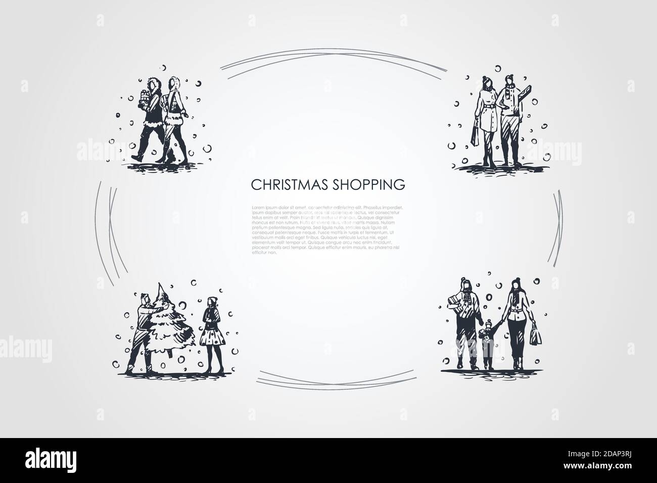 Christmas shopping - people walking with christmas presents, new year tree and bags vector concept set Stock Vector